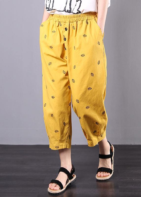 Yellow Embroidery Loose Elastic Waist Pants
