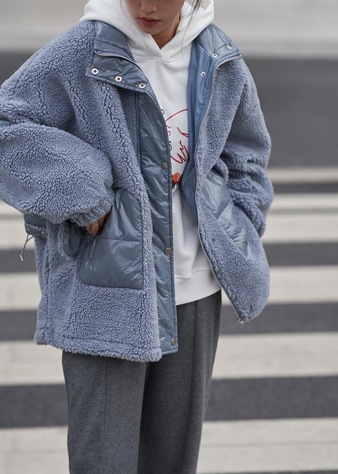 Loose Jacket Blue Stand Collar Patchwork Woolen Coat