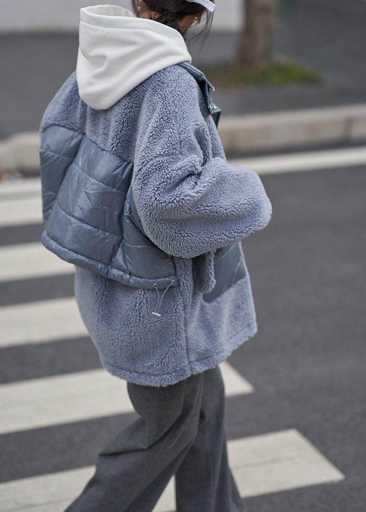 Loose Jacket Blue Stand Collar Patchwork Woolen Coat