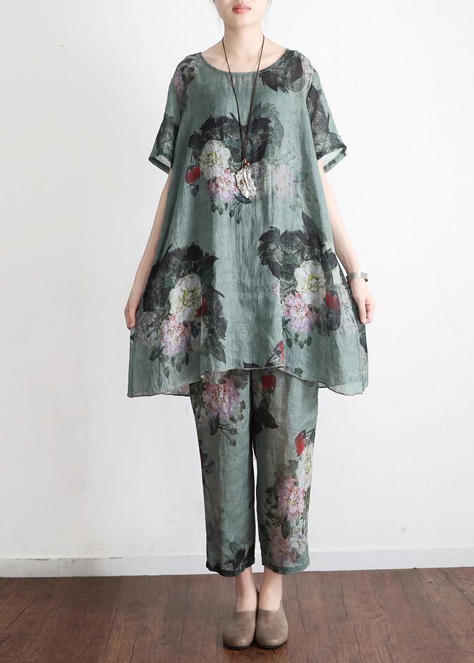 New Loose Green Print2 Short Sleeve Shirt Pants Linen Set