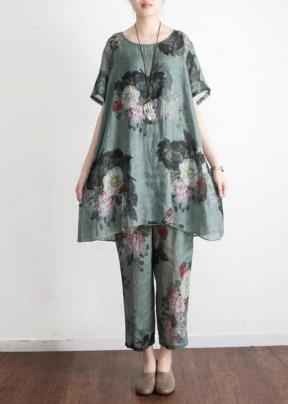 New Loose Green Print2 Short Sleeve Shirt Pants Linen Set