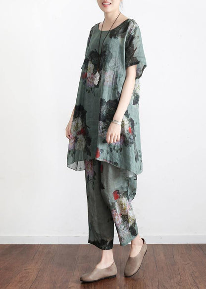 New Loose Green Print2 Short Sleeve Shirt Pants Linen Set