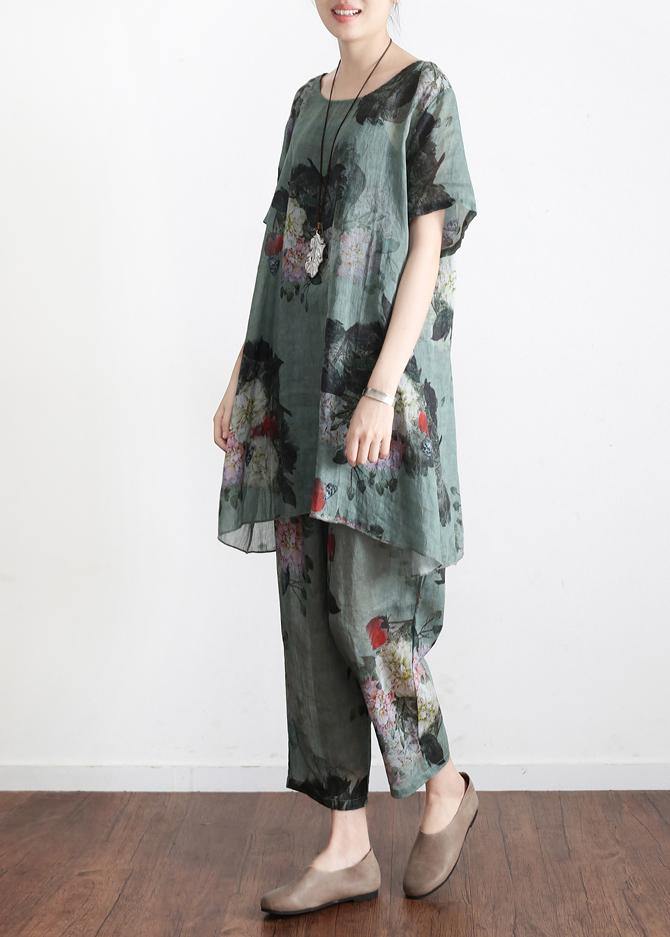 New Loose Green Print Short Sleeve Shirt Pants Linen Set