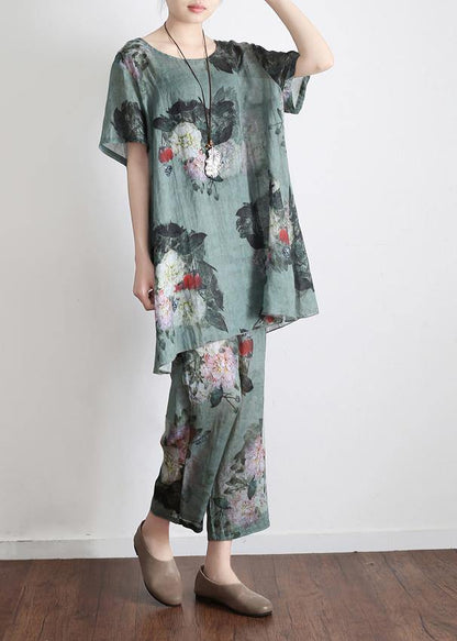 New Loose Green Print Short Sleeve Shirt Pants Linen Set