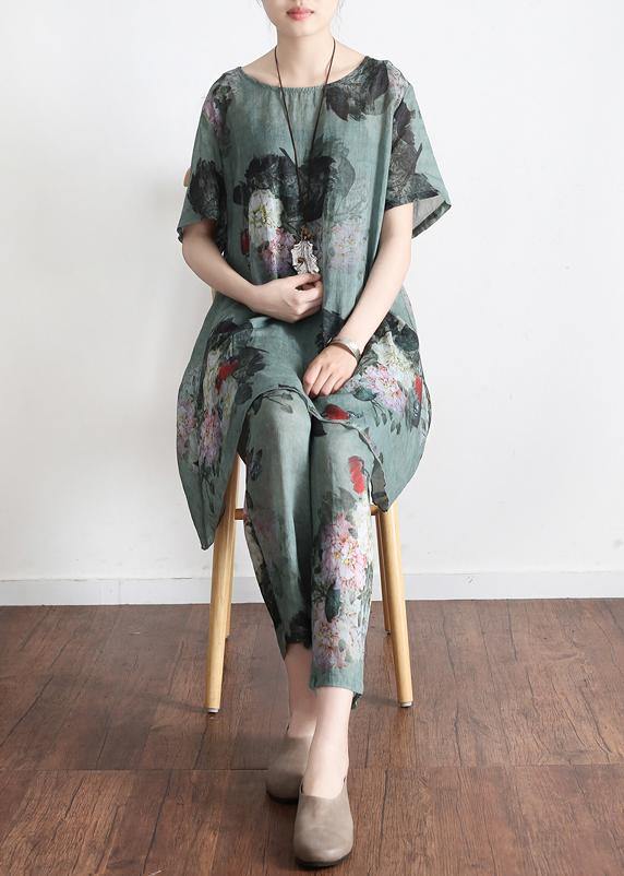 New Loose Green Print Short Sleeve Shirt Pants Linen Set