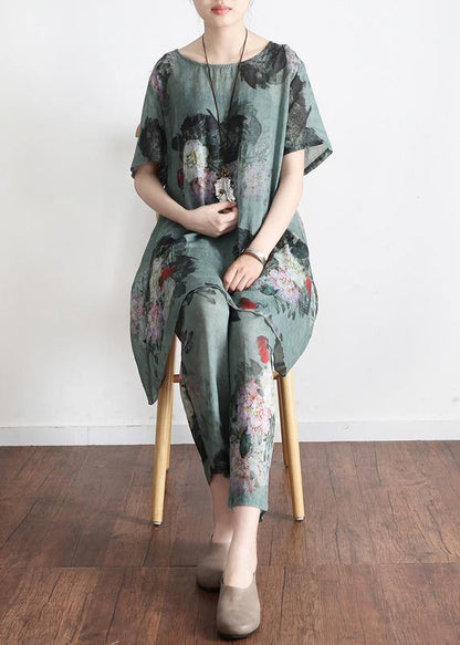 New Loose Green Print3 Short Sleeve Shirt Pants Linen Set