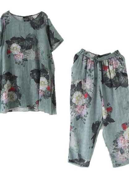 New Loose Green Print Short Sleeve Shirt Pants Linen Set