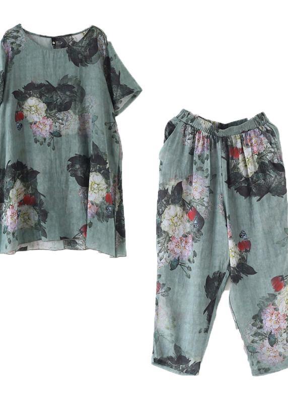 New Loose Green Print2 Short Sleeve Shirt Pants Linen Set