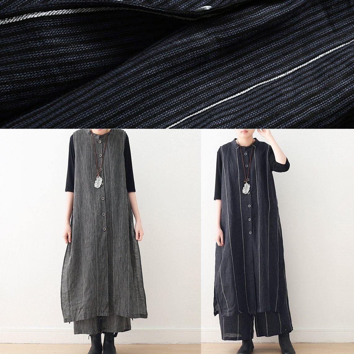 Original Design Dark Blue Striped Cotton Linen Long Cardigan Wide Leg Pants Two Piece Set