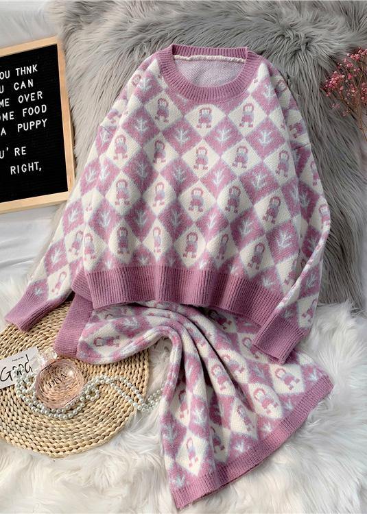 Autumn and Winter New Temperament Cartoon Pattern Sweater Set Round Neck Sweater Half Skirt Two-piece Set