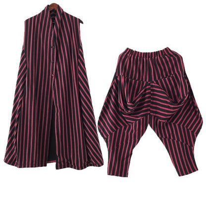Autumn and Winter Leisure Long Red Striped Vest Waist Pants Suit
