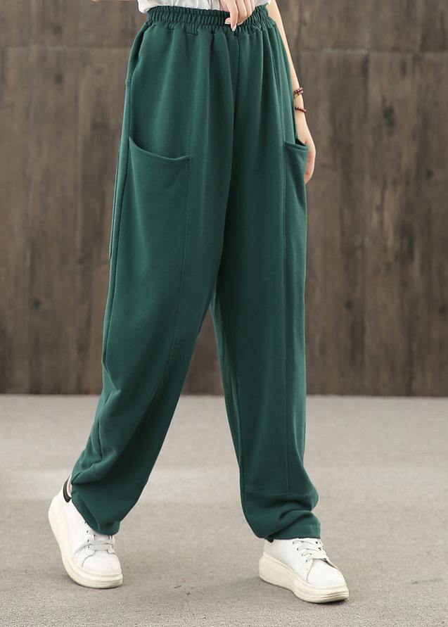 Autumn Big Pocket Elastic Waist Green Pants