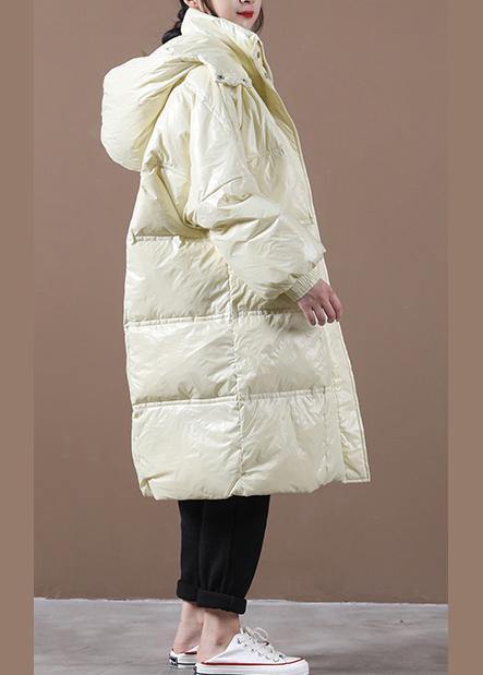 Beige Down Jacket Woman Loose Fitting Winter Jacket Hooded Pockets Zippered Fine Winter Outwear