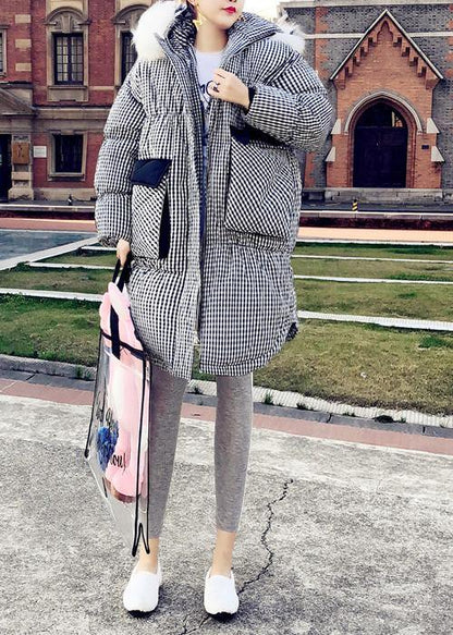 Black Plaid Down Jacket Woman Clothing Parka Hooded the Rabbit Wool Coats