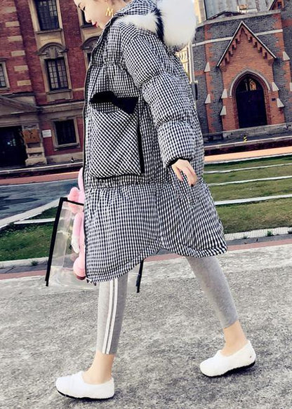 Black Plaid Down Jacket Woman Clothing Parka Hooded the Rabbit Wool Coats