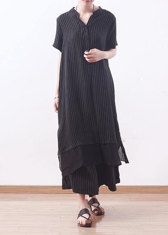 Copper Ammonia Silk Stitching Chiffon Black Striped Shirt Wide Leg Pants Suit