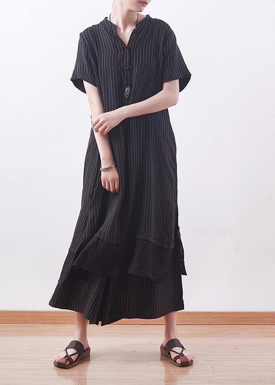 Copper Ammonia Silk Stitching Chiffon Black Striped Shirt Wide Leg Pants Suit