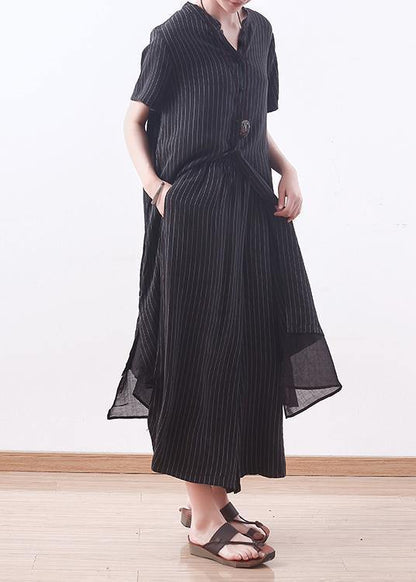Copper Ammonia Silk Stitching Chiffon Black Striped Shirt Wide Leg Pants Suit