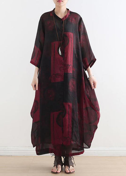 Suit Large Size Was Thin Red Printed Chiffon Female Wide-leg Pants Two-piece Suit
