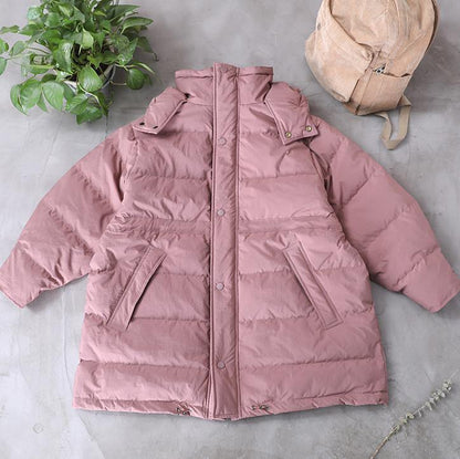 Pink Down Coat Winter Snow Jackets Hooded Pockets Overcoat