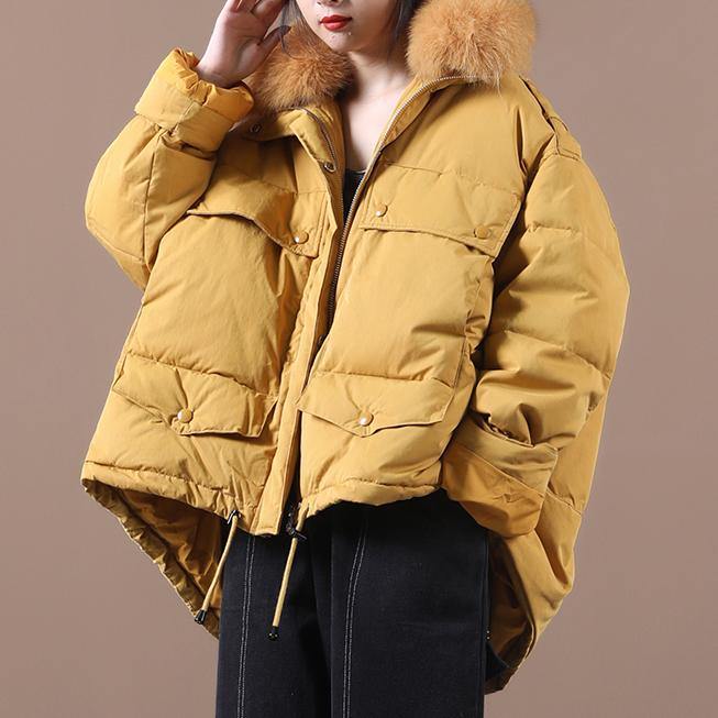 Down Jacket Coats Yellow Faux Fur Collar Drawstring Duck Down Coat