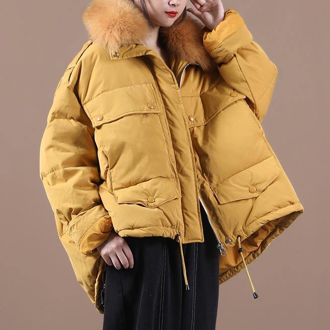 Down Jacket Coats Yellow Faux Fur Collar Drawstring Duck Down Coat