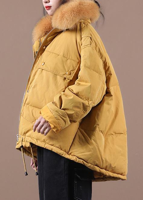 Down Jacket Coats Yellow Faux Fur Collar Drawstring Duck Down Coat