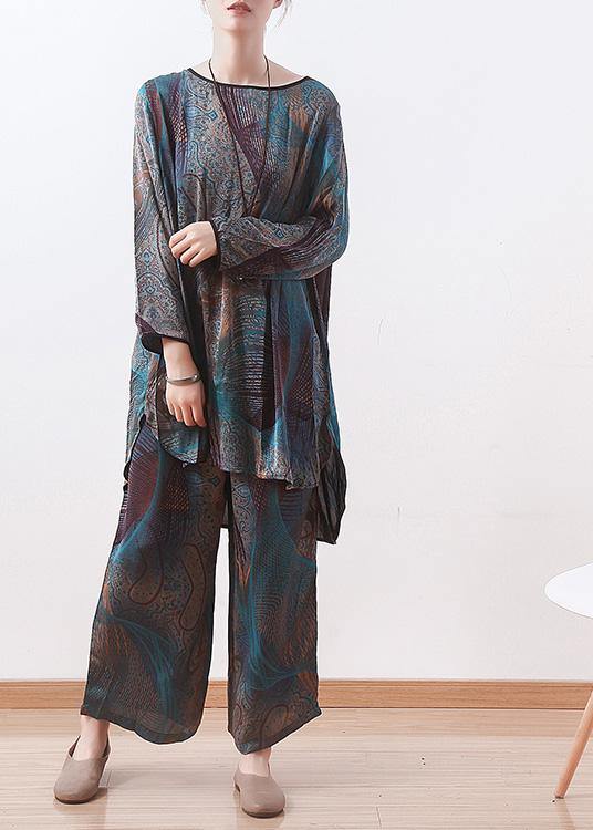 Spring New Two Pieces Blue Print Literary Retro Thin Section Chiffon Wide-leg Pants