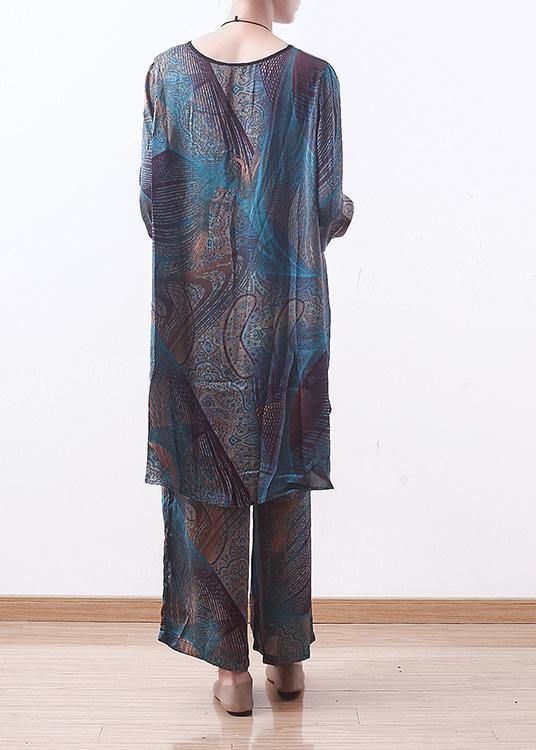 2025 spring new two pieces blue print literary retro thin section chiffon wide-leg pants