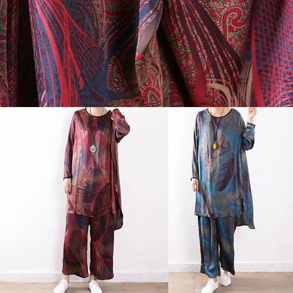 2025 spring new two pieces blue print literary retro thin section chiffon wide-leg pants