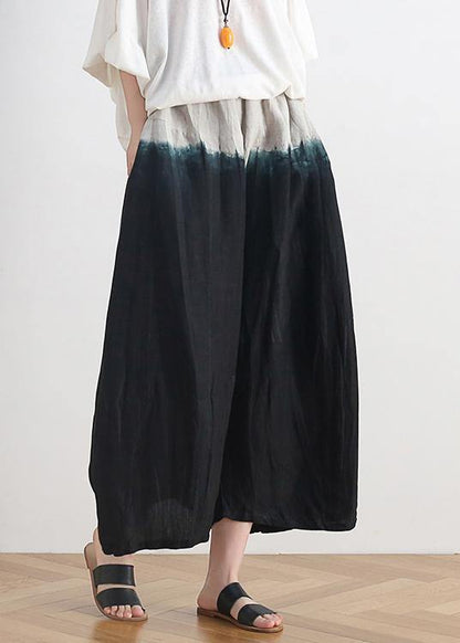 Summer New Loose Cotton and Linen Black Gradient Color Nine-point Wide-leg Pants
