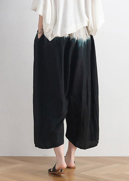 Summer New Loose Cotton and Linen Black Gradient Color Nine-point Wide-leg Pants
