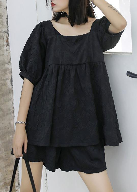 Summer Western Style Bubble Sleeve Black Top and Shorts Two-pieces