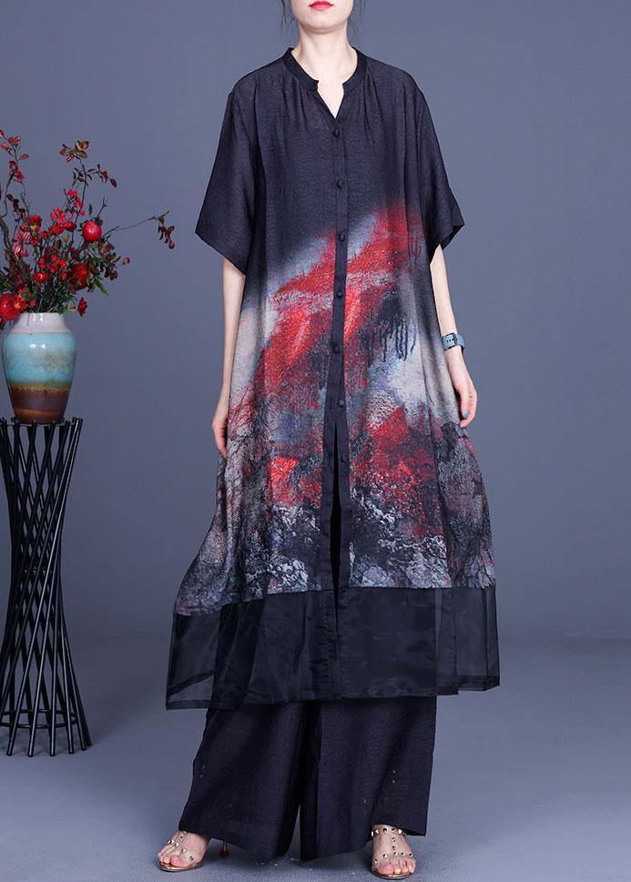 Black Print Cardigan + Wide Leg Pants Two Piece Set