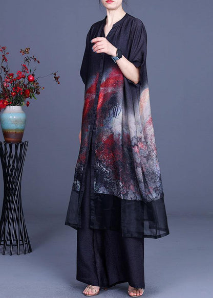 Black Print Cardigan + Wide Leg Pants Two Piece Set
