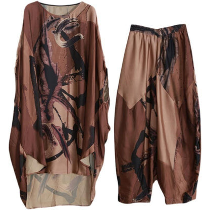 Large Loose Silk Two Piece Suit Irregular Personality Bat Sleeve Suit