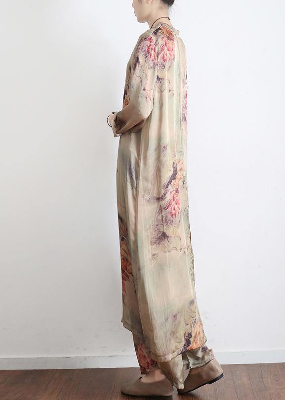 Spring Loose Print Silk Satin Split Long Sleeve Shirt + Wide Leg Pants