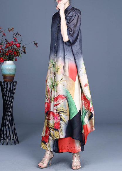 Summer Black Large Loose Print Tencel Long Shirt + Two Piece Wide Leg Pants Set