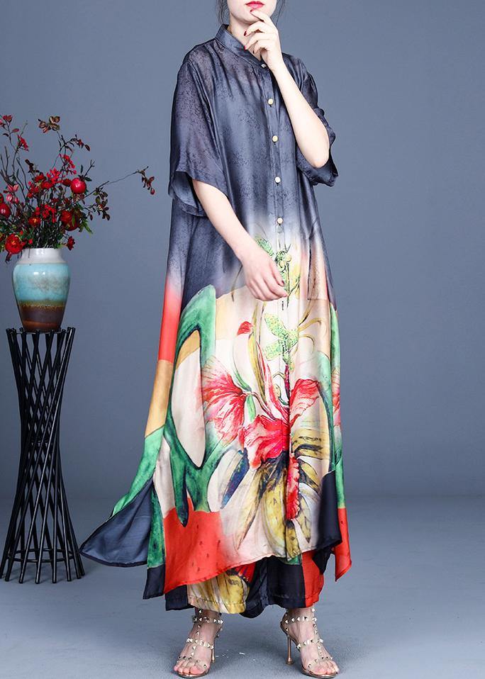 Summer Black Large Loose Print Tencel Long Shirt + Two Piece Wide Leg Pants Set