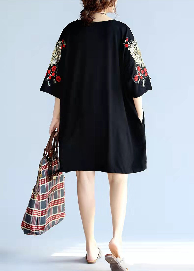 Unique Stylish Black Embroidery Cotton Pullover Appliques Short Sleeve Mid Tops