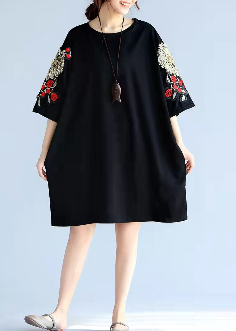 Unique Stylish Black Embroidery Cotton Pullover Appliques Short Sleeve Mid Tops