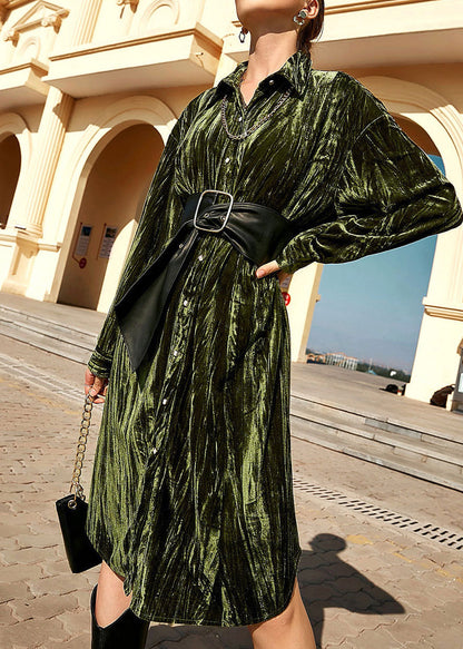 Ins Temperament Skirt Button Long Seeve Shirt Dress Green