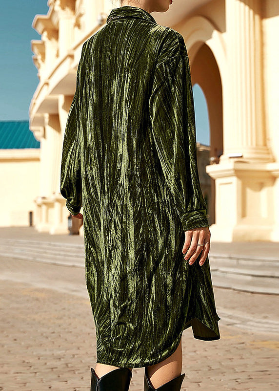 Ins Temperament Skirt Button Long Seeve Shirt Dress Green