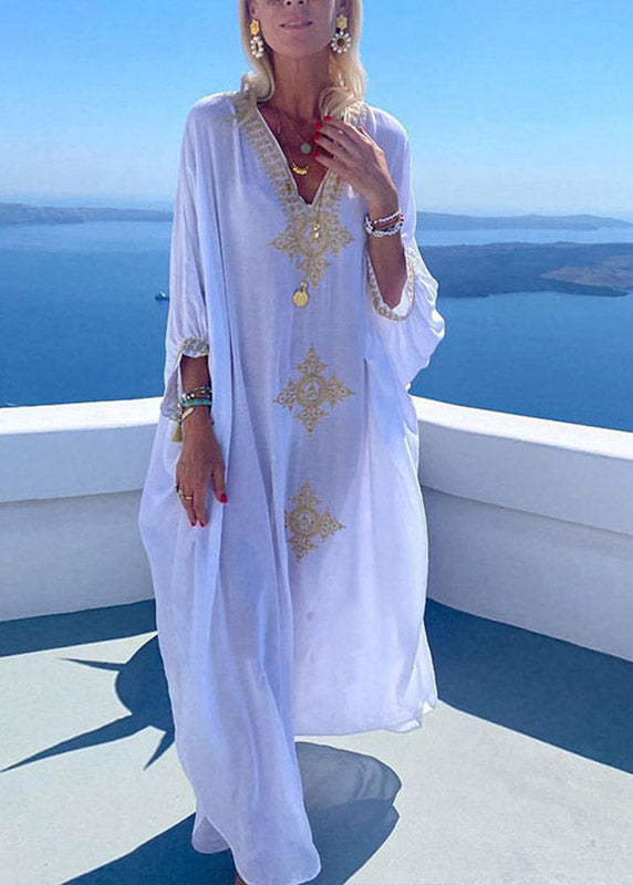 Gold Embroidered Kaftan Retro V Neck White Dress