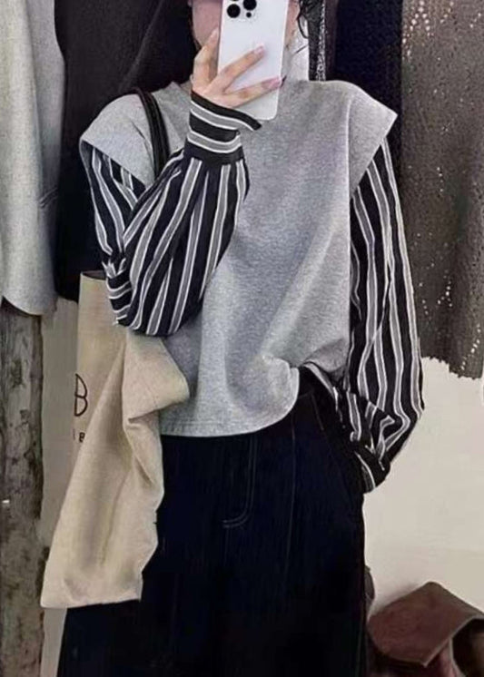 2025 New Grey Fake Two Piece Spliced Stripe Top Autumn