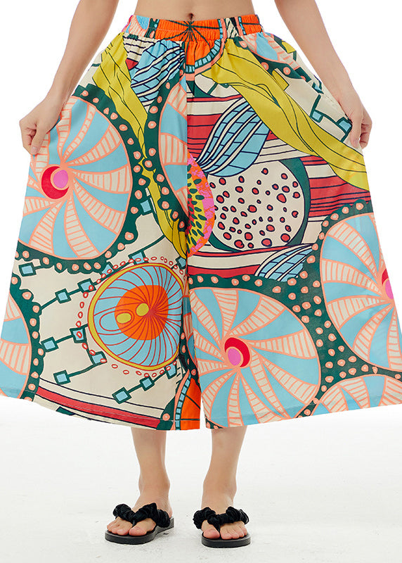 White Print Elastic Waist Cotton Crop Pants Summer