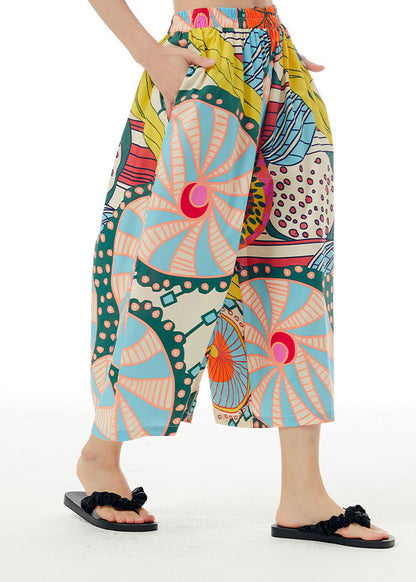 White Print Elastic Waist Cotton Crop Pants Summer