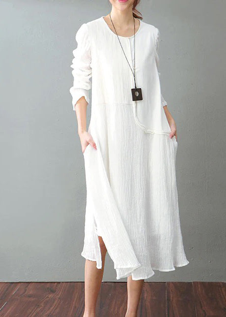 White Cotton Linen Maxi Dress Loose Fitting O Neck Baggy Dresses New Long Sleeve Patchwork Dresses