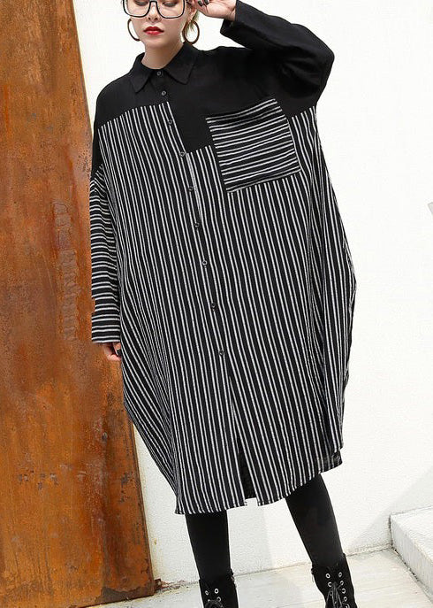Black Linen Dresses Loose Fitting Linen Clothing Dresses Fine Patchwork Striped Cotton Clothing