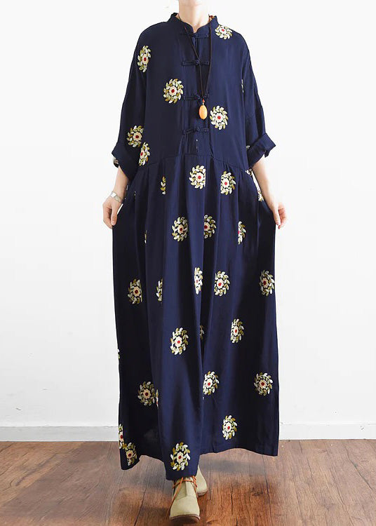 Fall Navy Embroidered Chiffon Dresses Oversized Chiffon Gown Caftans Traveling